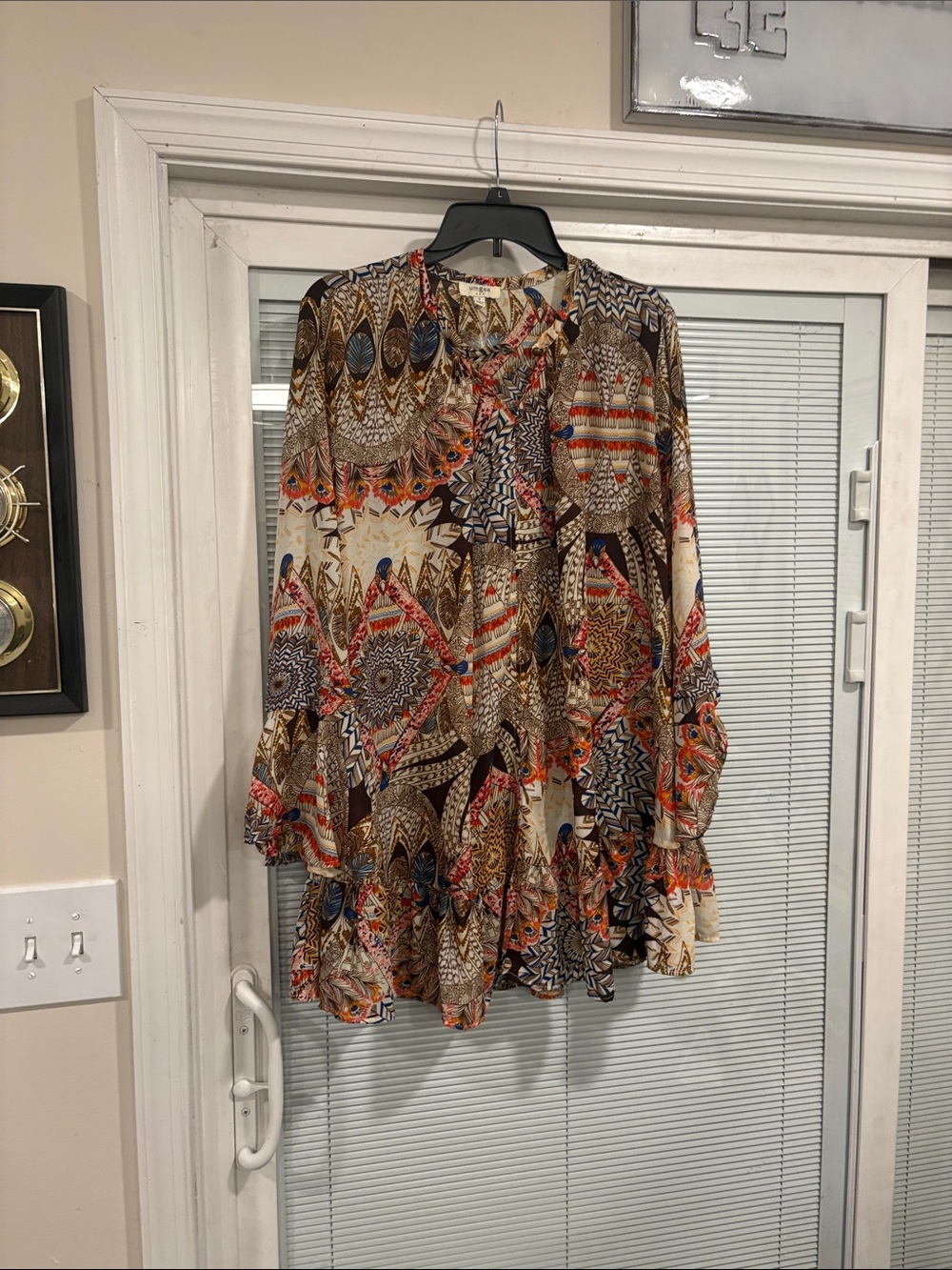 Umgee Printed Boho Tunic in Cream, Brown & Orange with Blue Accents